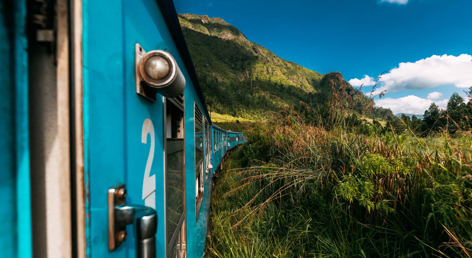 Blue train passing through lush Ella jungle