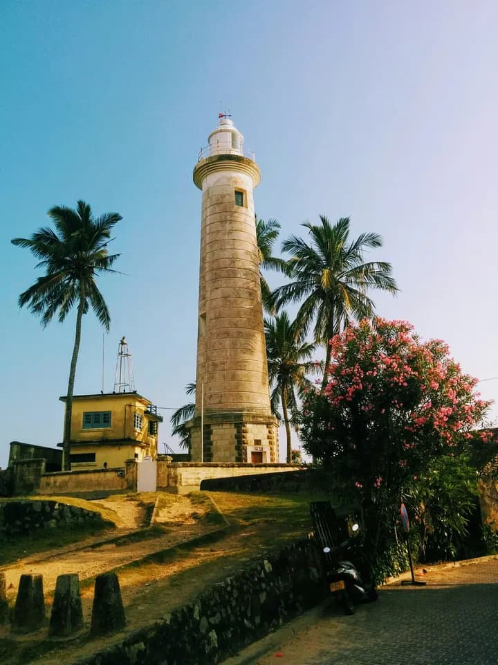 Historic lighthouse with palm trees and coastal fort
