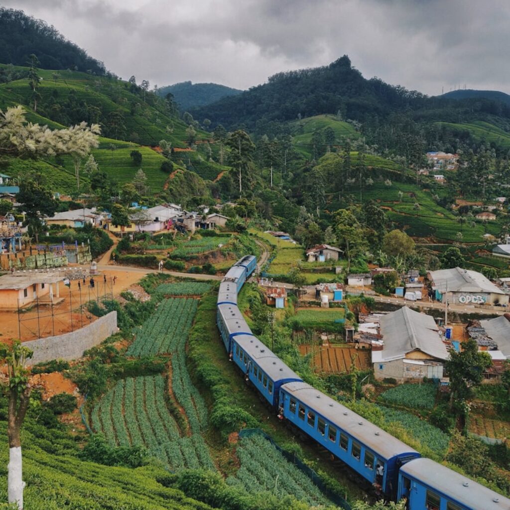 blue train travelling near houses